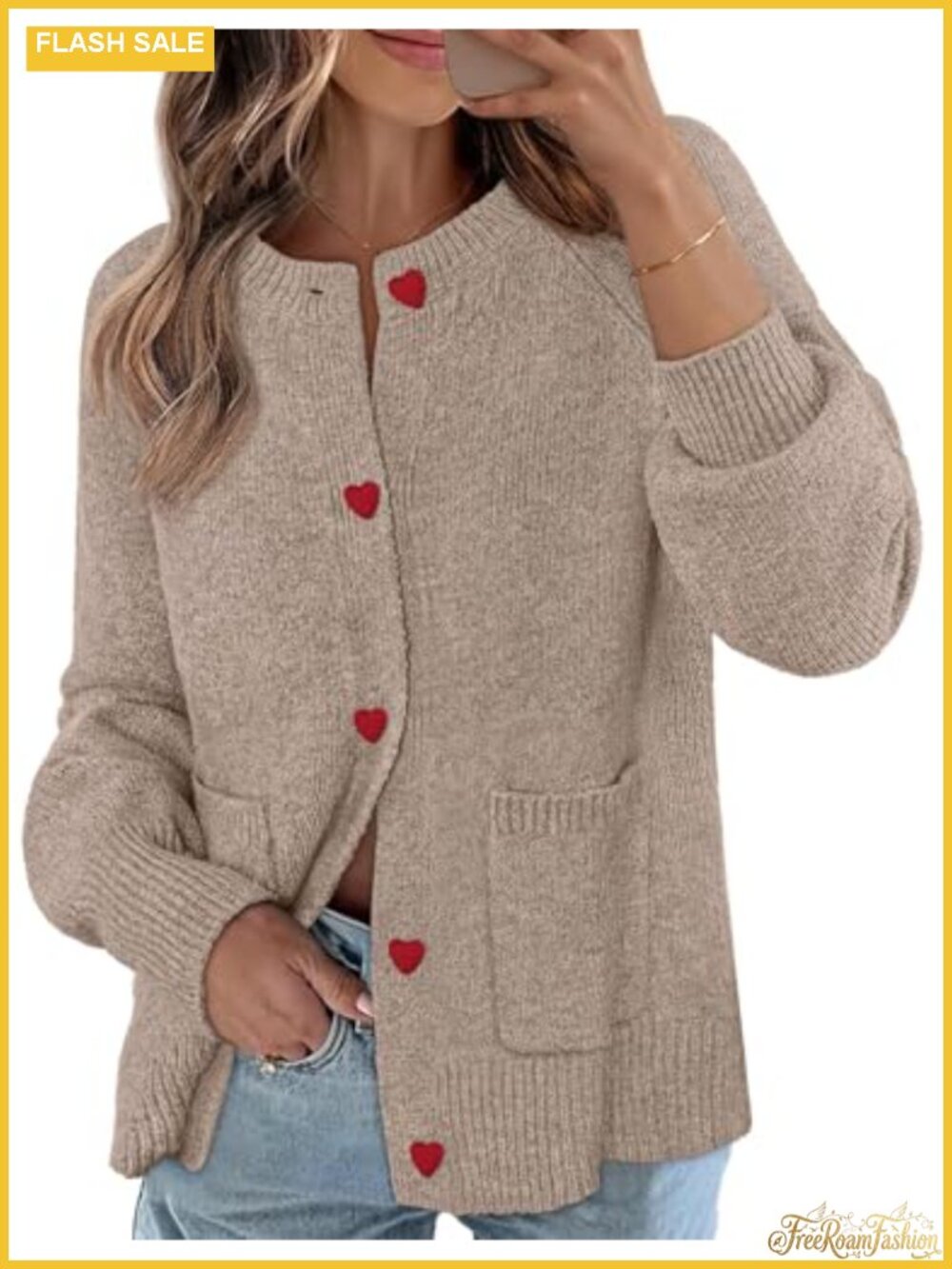Chunky Knit Cardigan, Open Front, Heart Buttons, Long Sleeve, Fall Winter